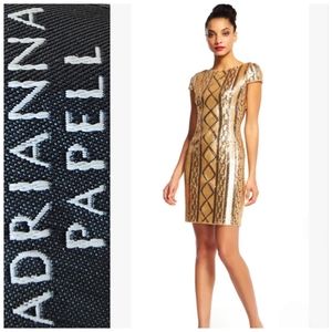 Nwot Adrianna Papell Cable Knit Cap Sleeves Gold Geometric Sequin Cocktail Dress